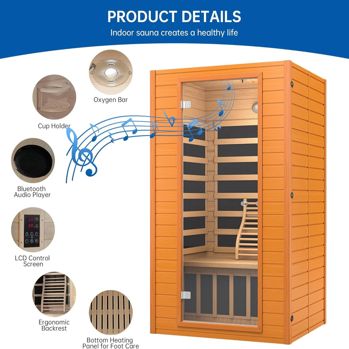 Infrared Sauna for Home, near Zero EMF Home Saunas for up to 2 Person, Indoor Dry Heat Sauna Room with Infrared Red Light Therapy, Bluetooth Speakers, Canadian Hemlock Wood — product view 2