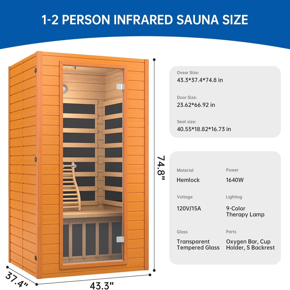 Infrared Sauna for Home, near Zero EMF Home Saunas for up to 2 Person, Indoor Dry Heat Sauna Room with Infrared Red Light Therapy, Bluetooth Speakers, Canadian Hemlock Wood — product view 4