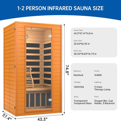 Infrared Sauna for Home, near Zero EMF Home Saunas for up to 2 Person, Indoor Dry Heat Sauna Room with Infrared Red Light Therapy, Bluetooth Speakers, Canadian Hemlock Wood — product view 4