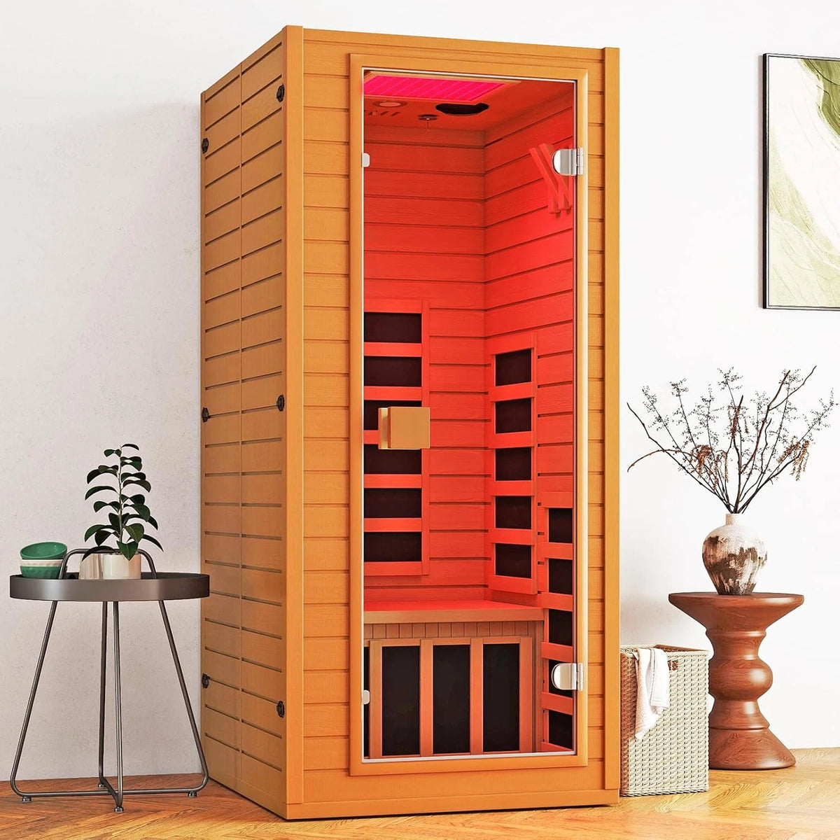 Infrared Sauna with 660 & 850Nm Red Light Therapy, Full Spectrum Sauna with 7 Heater, 1290W 120V, Fast Heat-Up, 1 Person Canadian Hemlock Wood Dry Sauna for Indoor, Home Gym, 31.5*30.3*67" — product view 3