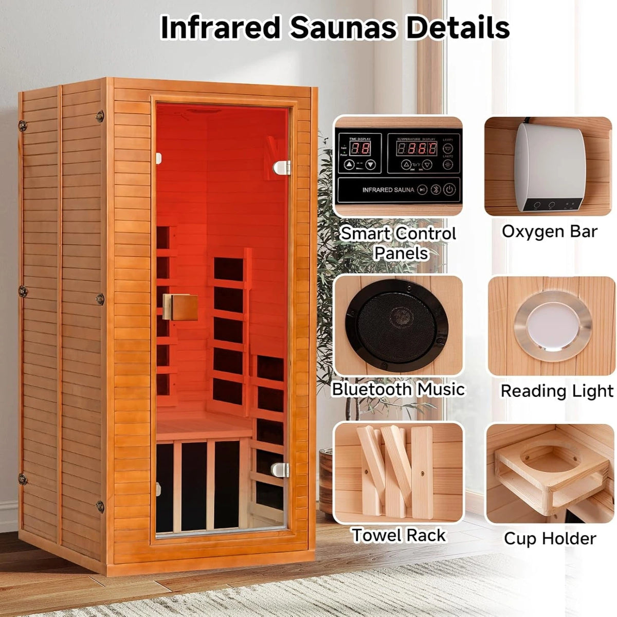 Infrared Sauna with 660 & 850Nm Red Light Therapy, Full Spectrum Sauna with 7 Heater, 1290W 120V, Fast Heat-Up, 1 Person Canadian Hemlock Wood Dry Sauna for Indoor, Home Gym, 31.5*30.3*67" — product view 5