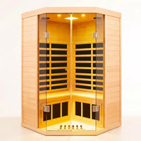 2-Person Corner Far Infrared Sauna Room - Hemlock Wood, Deluxe Transparent Glass Front, Large Capacity Home Sauna — Studio Shot
