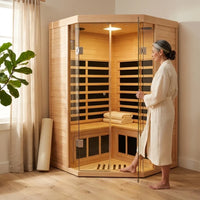 2-Person Corner Far Infrared Sauna Room - Hemlock Wood, Deluxe Transparent Glass Front, Large Capacity Home Sauna — Lifestyle
