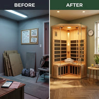 2-Person Corner Far Infrared Sauna Room - Hemlock Wood, Deluxe Transparent Glass Front, Large Capacity Home Sauna — Before & After