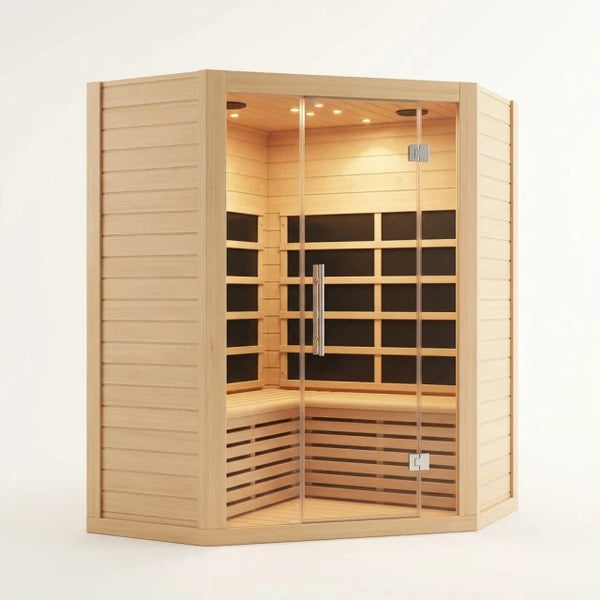 2-Person Corner Far Infrared Sauna Room - Hemlock Wood, Deluxe Transparent Glass Front, Large Capacity Home Sauna — Studio Shot