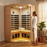 2-Person Corner Far Infrared Sauna Room - Hemlock Wood, Deluxe Transparent Glass Front, Large Capacity Home Sauna — Lifestyle